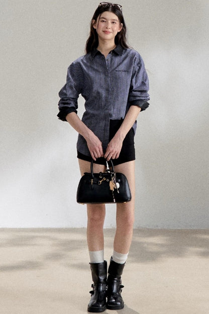 Navy Blue PU Leather Plaid Shirt