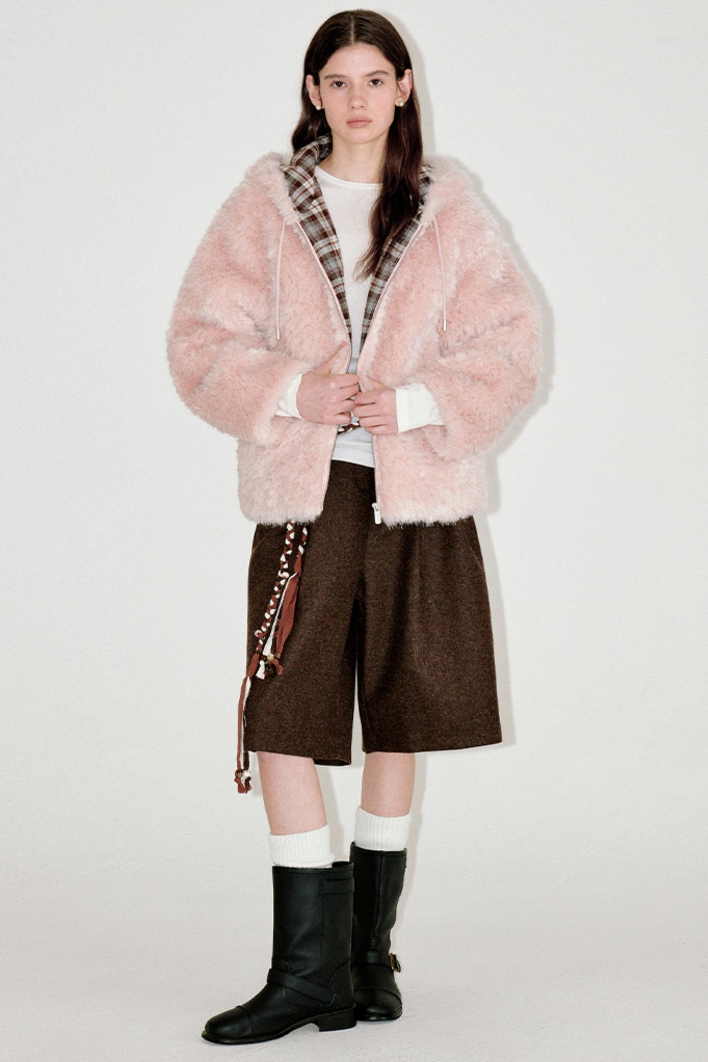 Pink Plaid Patchwork Hooded Coat