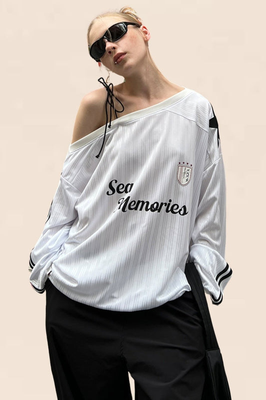 EZEK American Retro Slanted Shoulders Langarm bedruckt Brief Sweatshirt Frauen lose dünne Leaky Shoulders Babes Top Jersey Tide