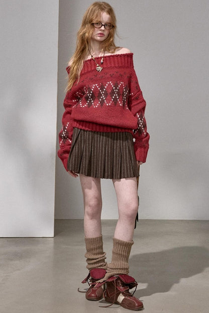 Thick Knit Argyle Off-Shoulder Sweater