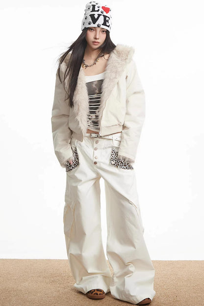 White Fleece-Lined Hooded Jacket