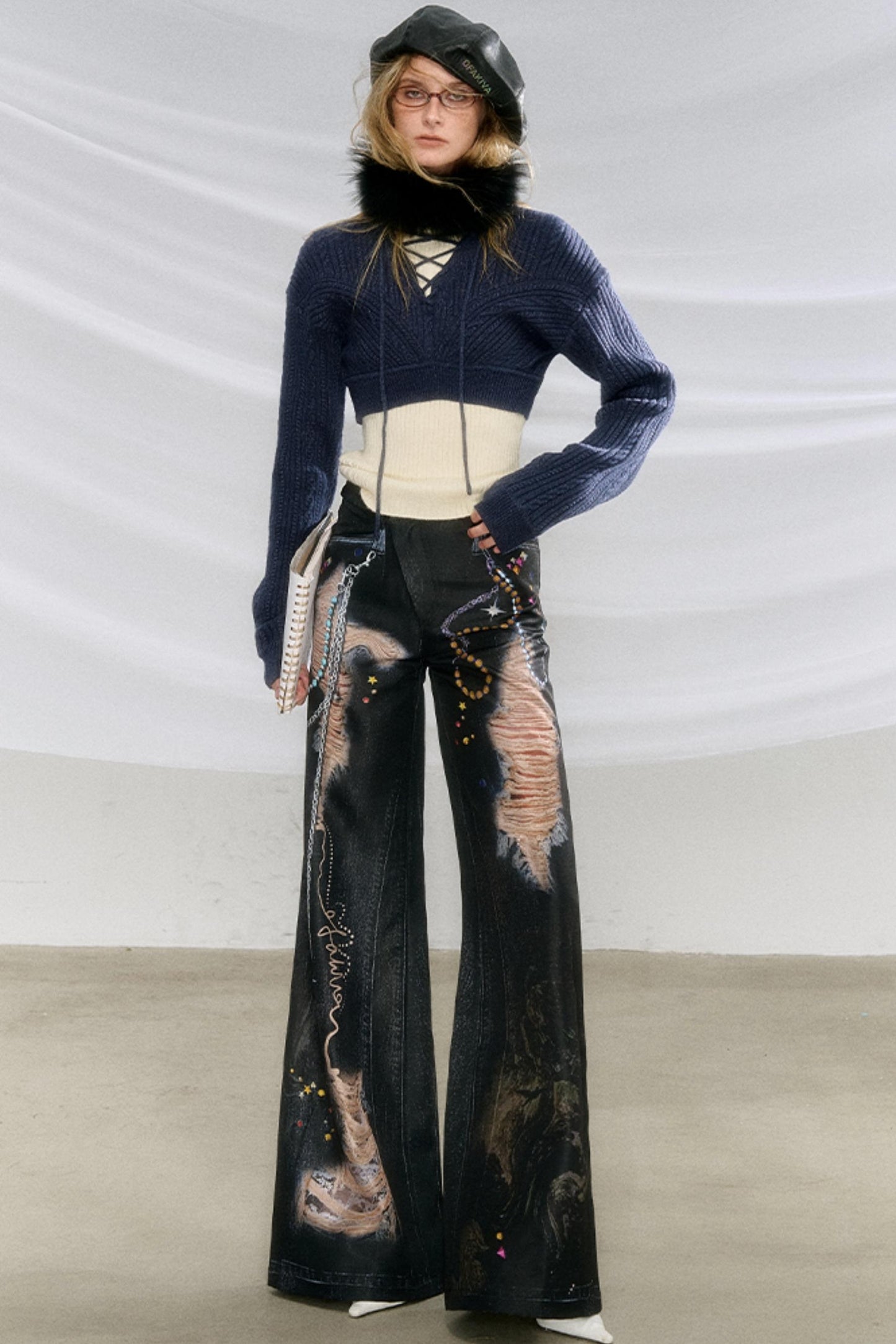 Ripped Faux-Denim Flared Pants