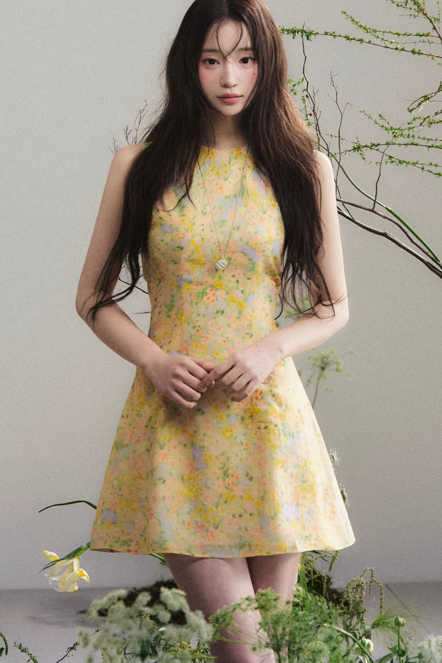 Bright Yellow Floral Linen Dress