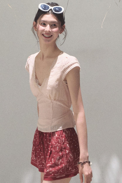 Fuzzy Lace V-Neck Tie Top