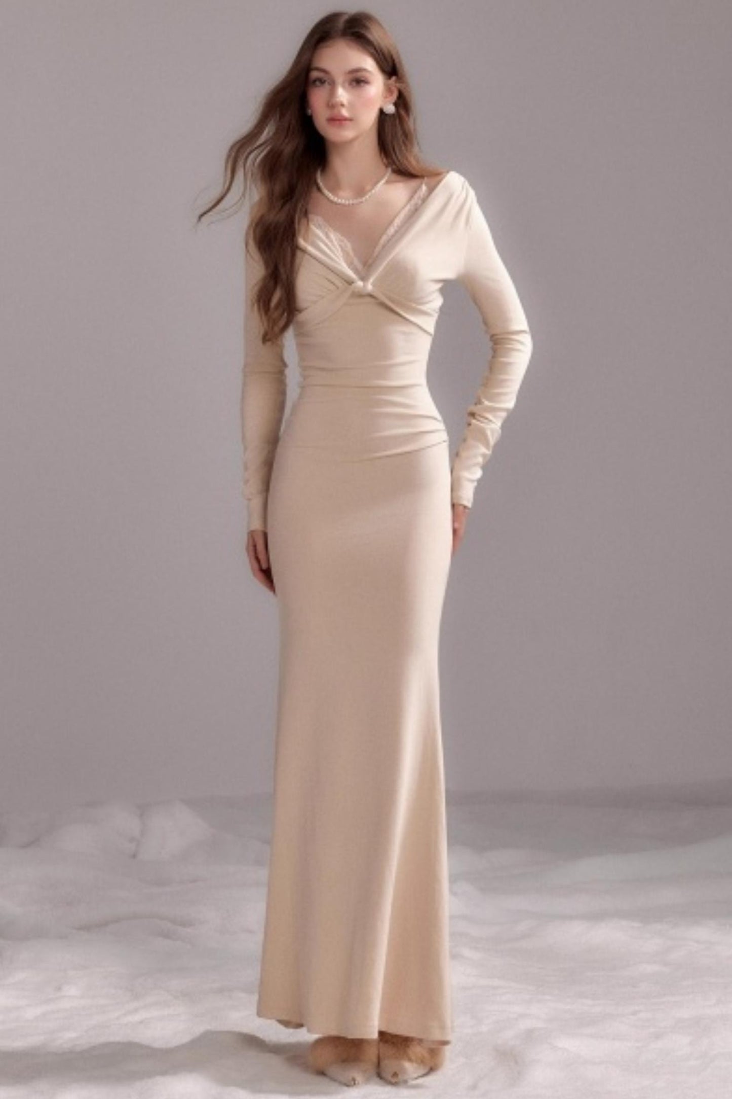 Roman V-Neck Curve Waist Slim Dress