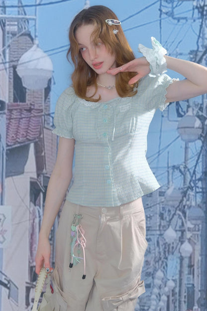 Plaid Bubble Sleeve Blouse