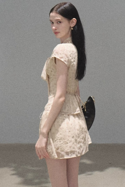 Floral Waist-Cinching Slim-Fit Short-Sleeved Top Skirt Set