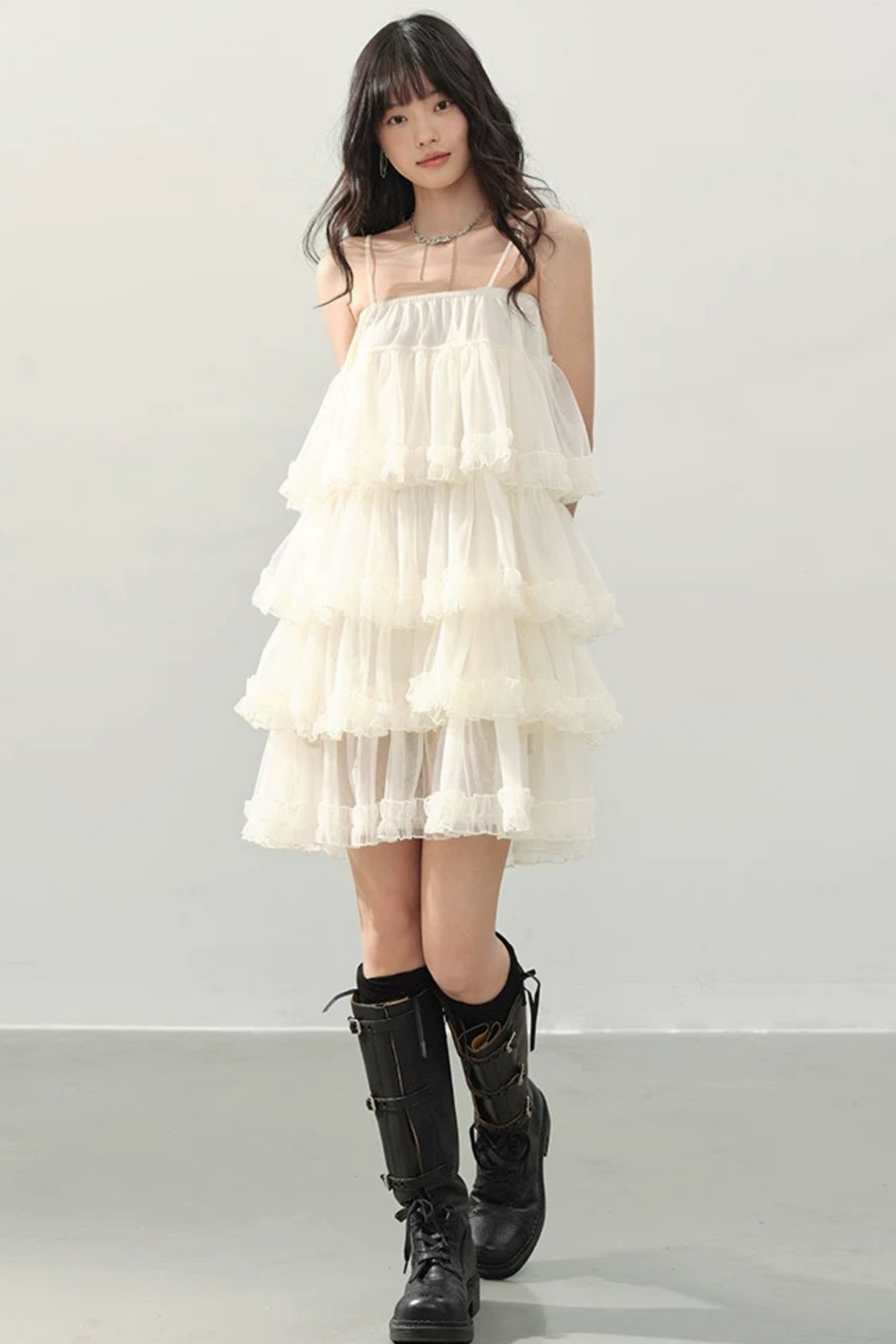 Cream Ruffled Spaghetti Strap Dress