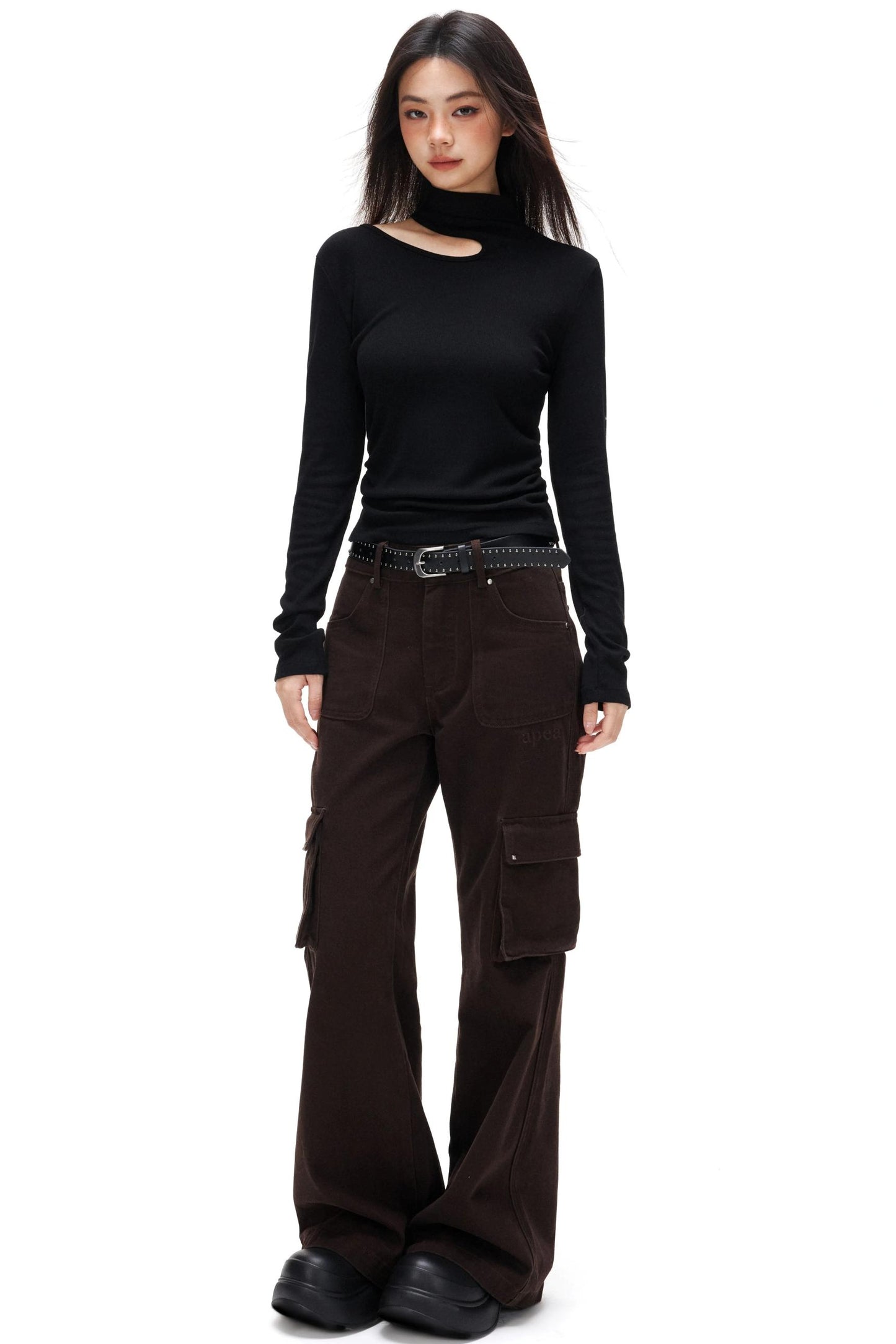 Thin Velvet Pleated Turtleneck Top