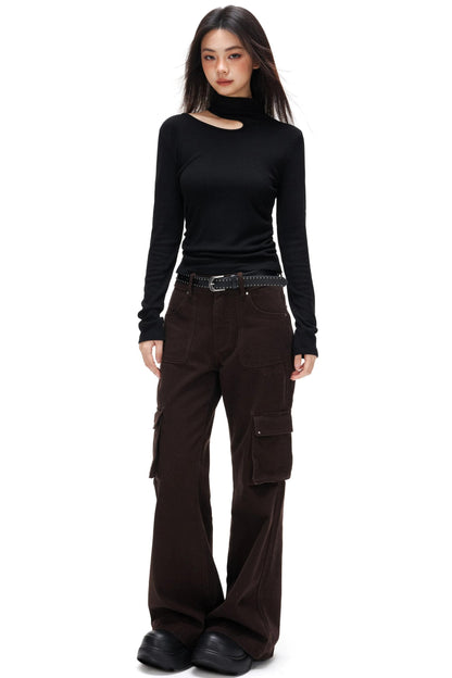 Thin Velvet Pleated Turtleneck Top
