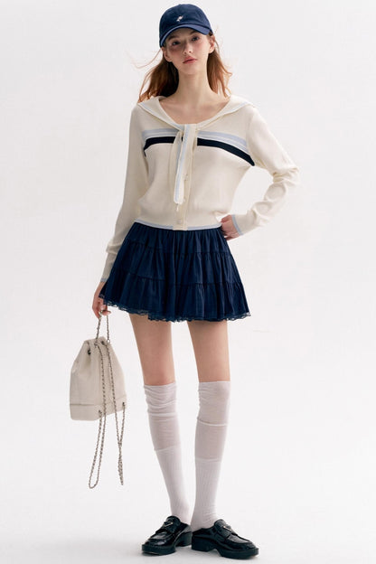 Navy Tie Shawl Contrast Sweater