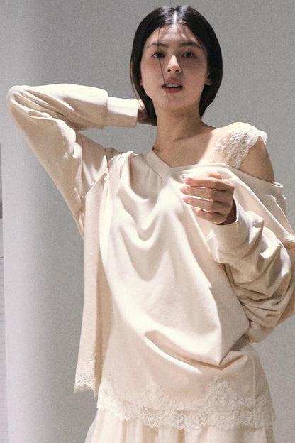 Greenery Lace Slanted Pullover Sweatshirt