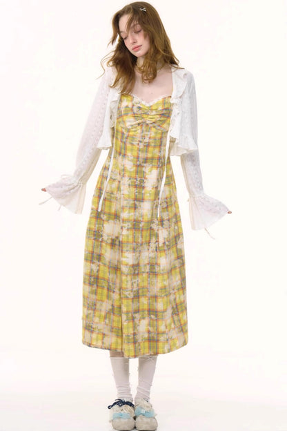 Vintage Yellow Plaid Halter Dress