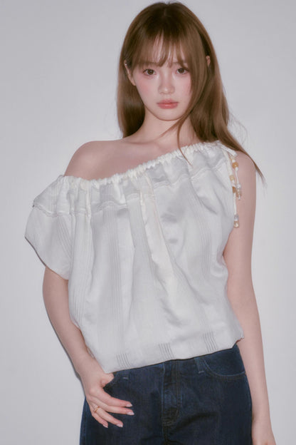 Beaded One-Shoulder Linen Top