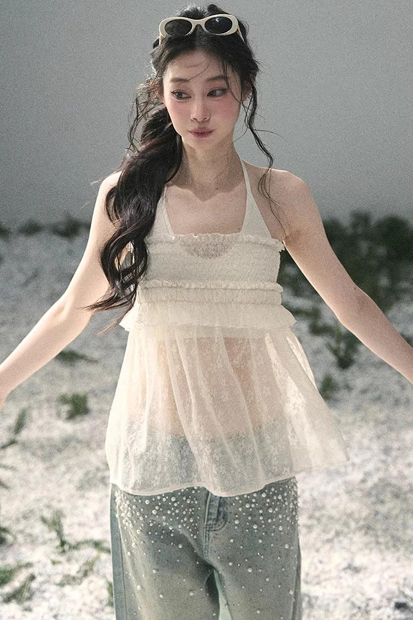 Sheer Lace Floral Top Set