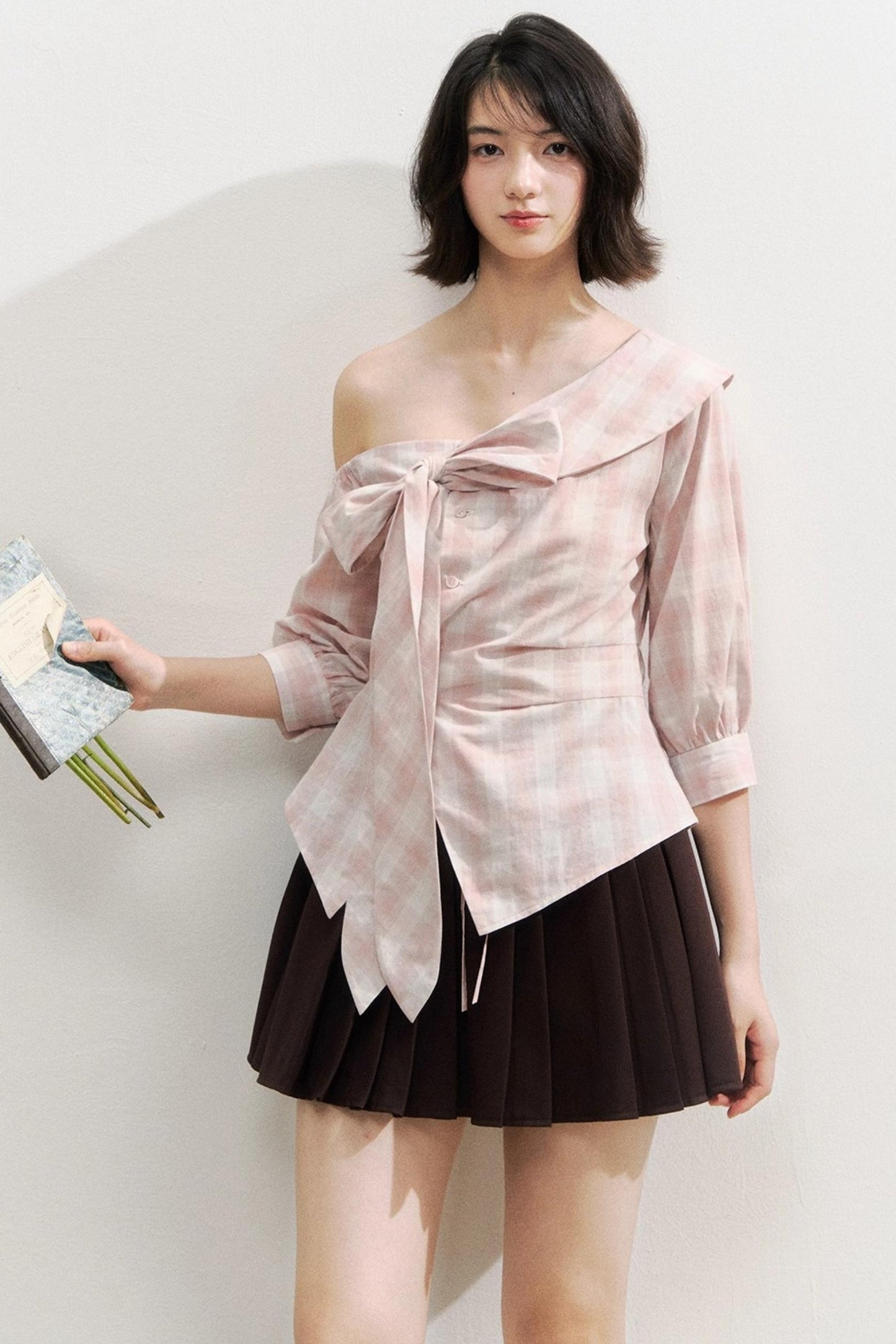 Plaid Bow One-Shoulder Waist Shirt