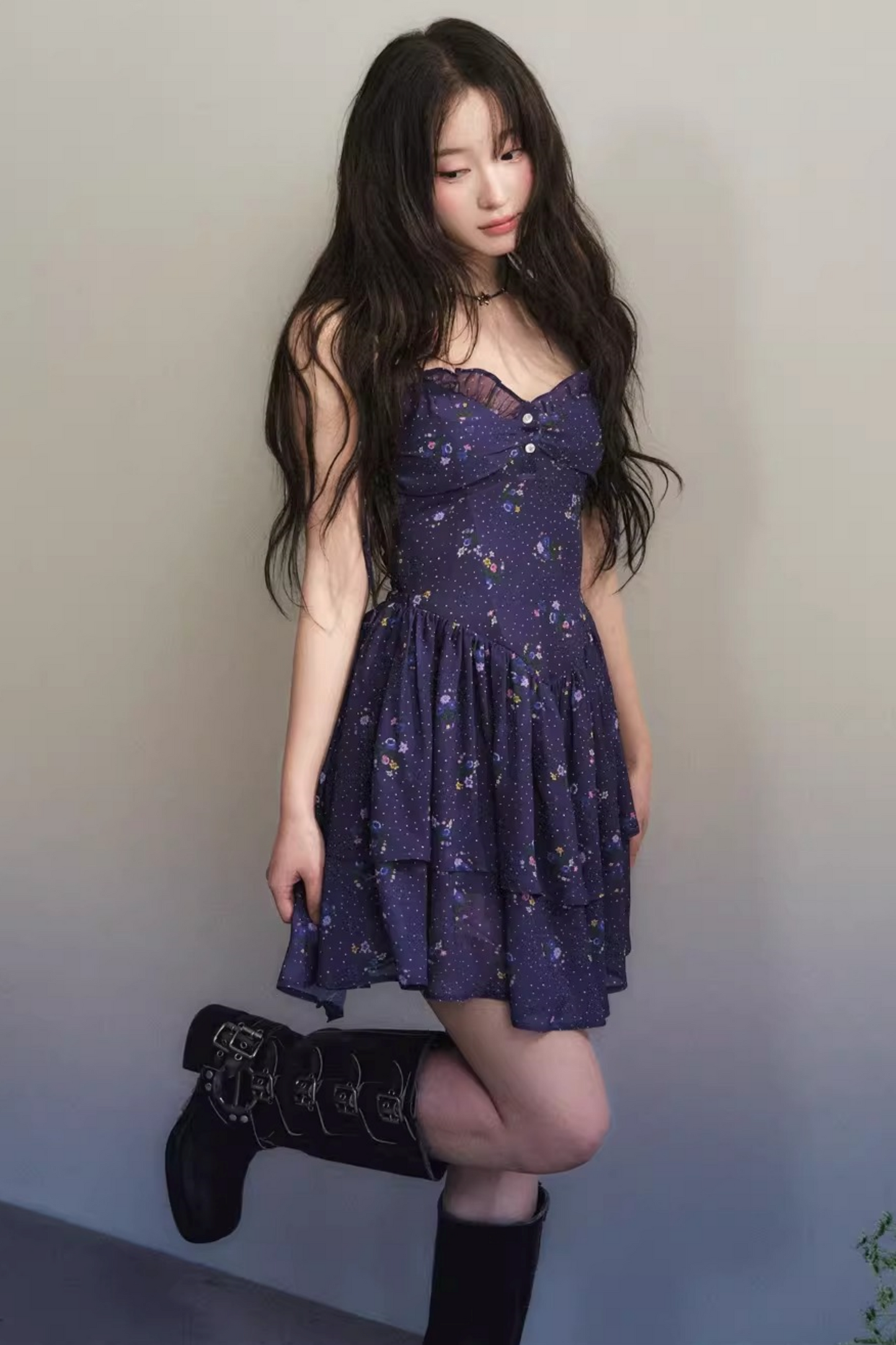 Dark Purple Chiffon Floral Dress