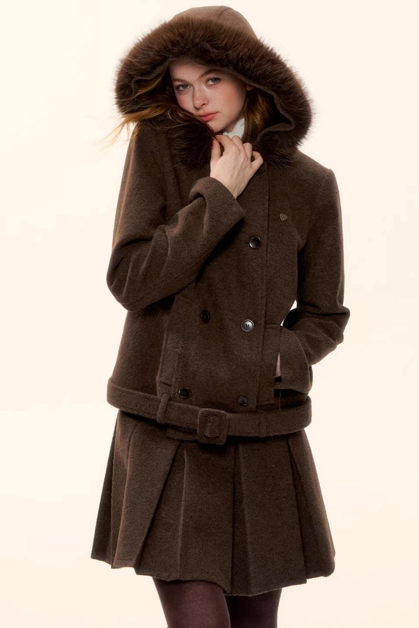 Retro Coffee Woolen Coat Set-Up