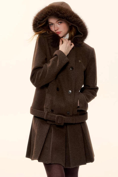 Retro Coffee Woolen Coat Set-Up