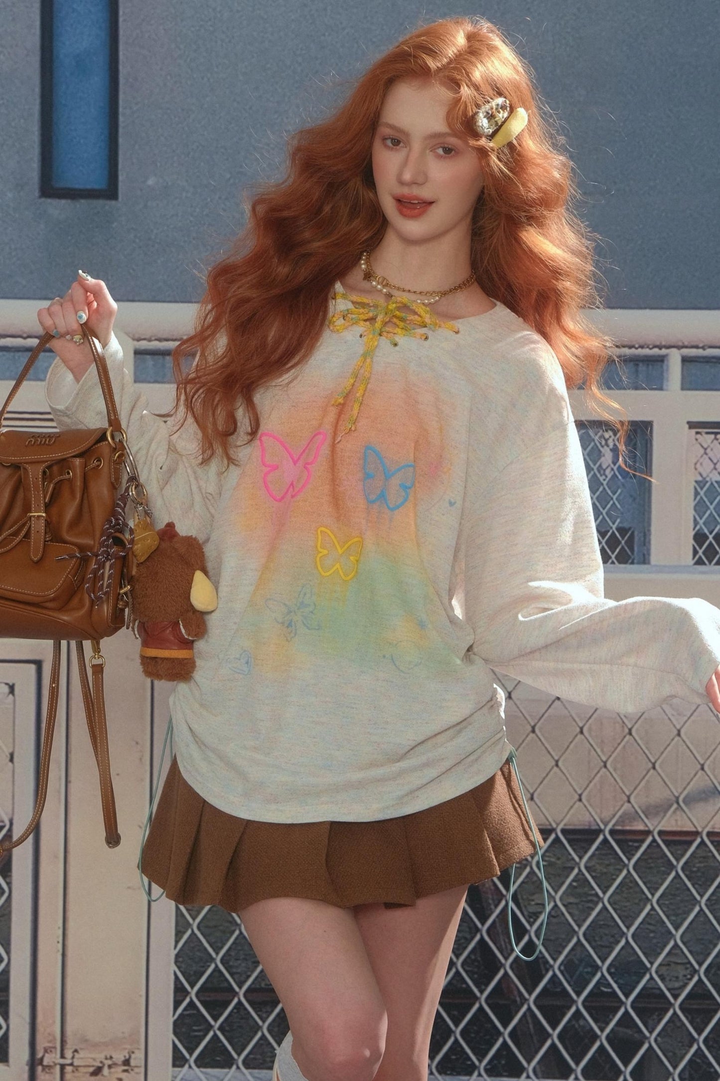 Flower Butterfly V-Neck Long Sleeve T-Shirt