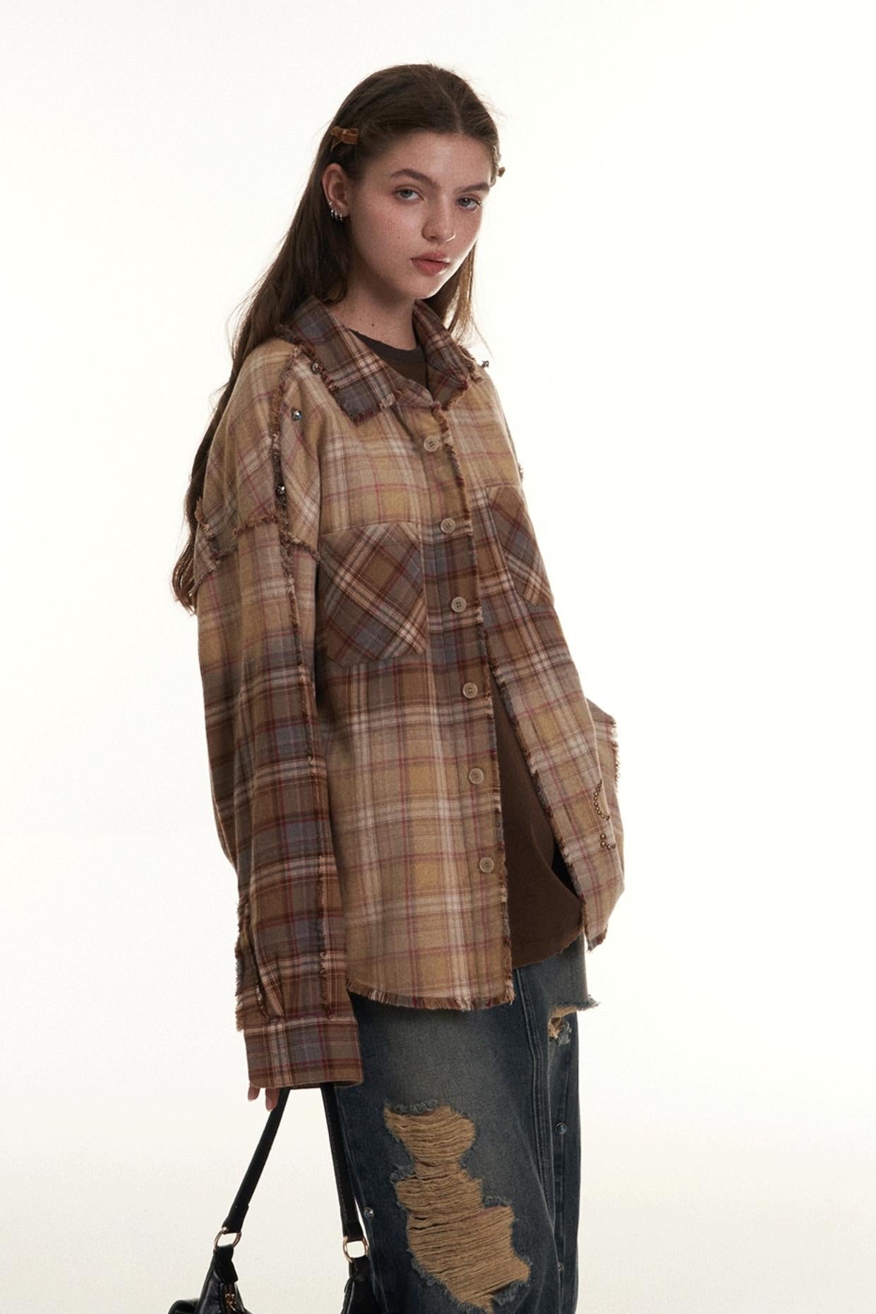 Spray Color Raw Edge Check Casual Shirt