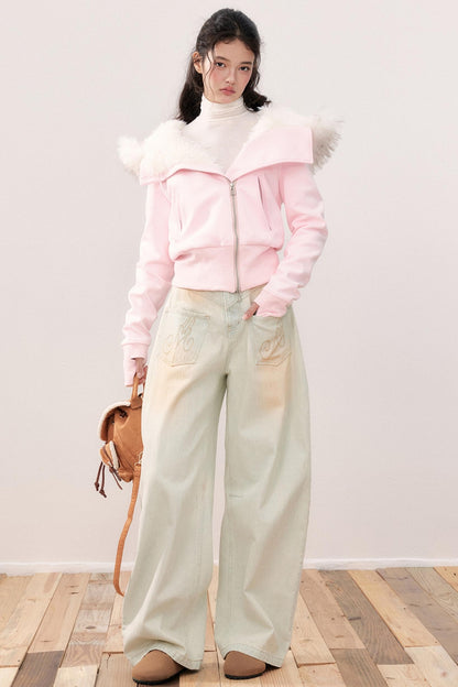 Lapel Fur Collar Fleece Jacket & Pants Set-Up