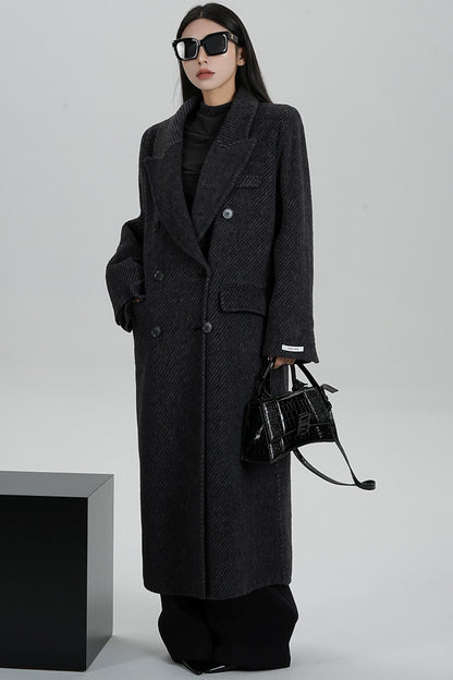 Long Double-Faced Tweed Wool Coat