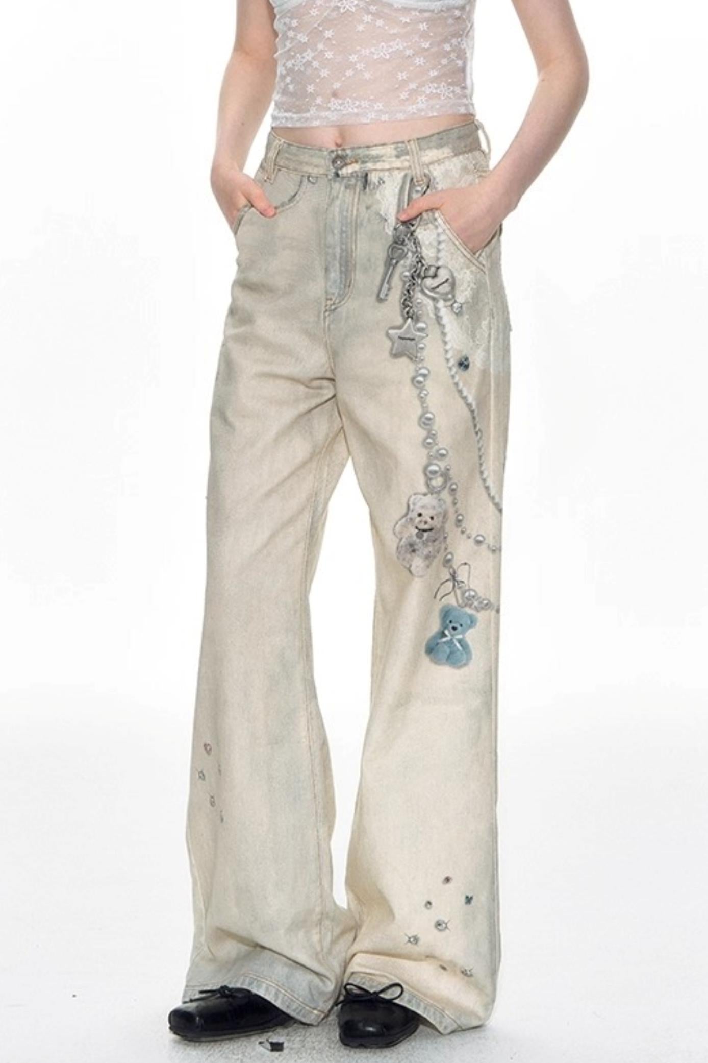 Hand-Painted 3D Printed Womens Wide-Leg Pants