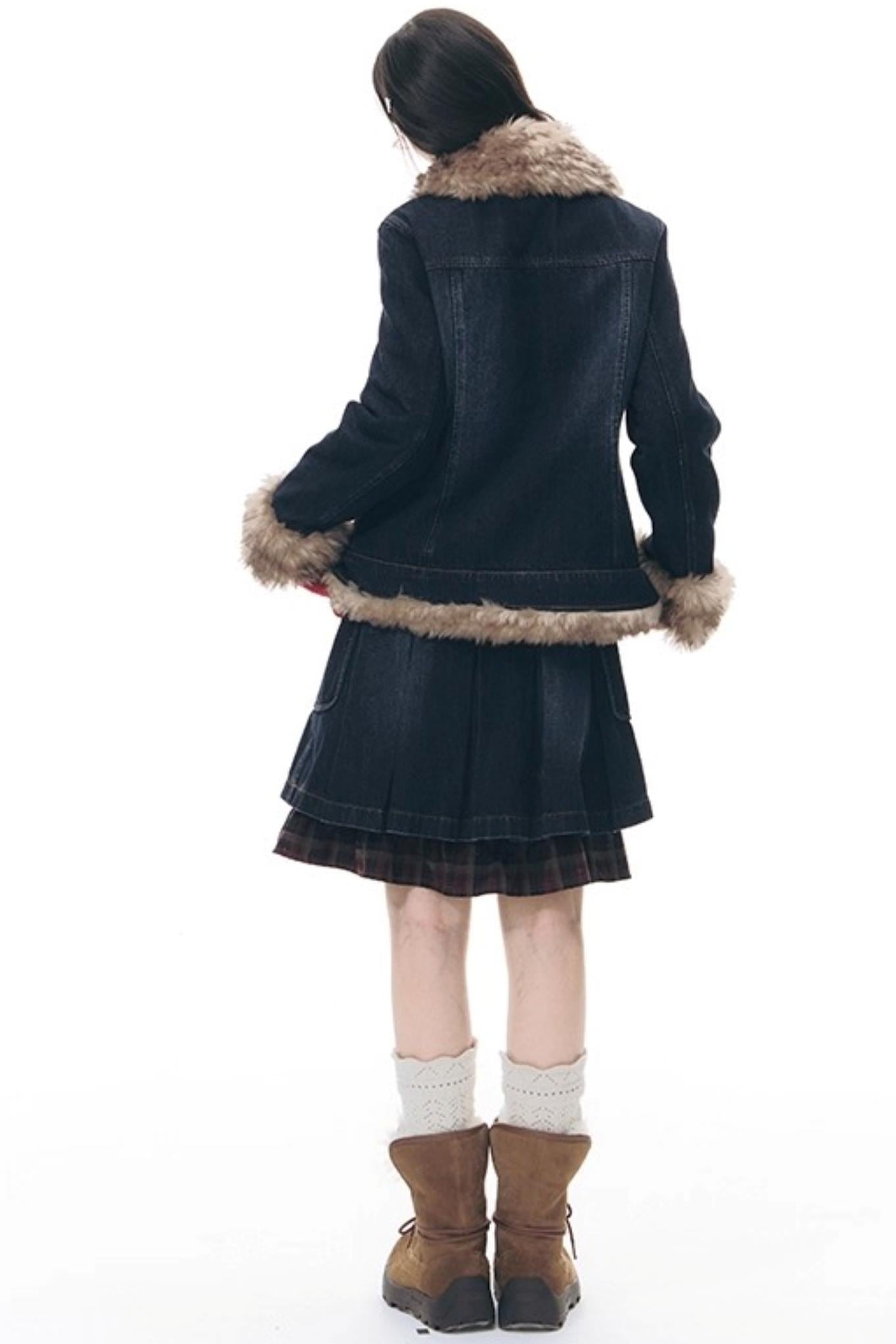 Patchwork Red Plaid Denim Skirt