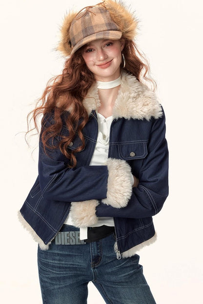 Denim Plush Lapel Jacket