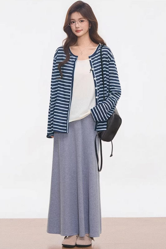 Striped Knitted Cardigan Skirt Set-Up