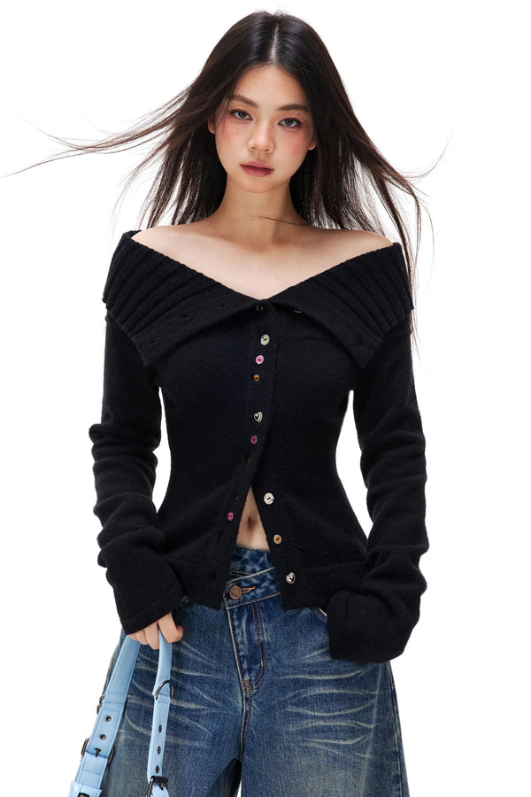 Colorful Button Off-Shoulder Knit Sweater