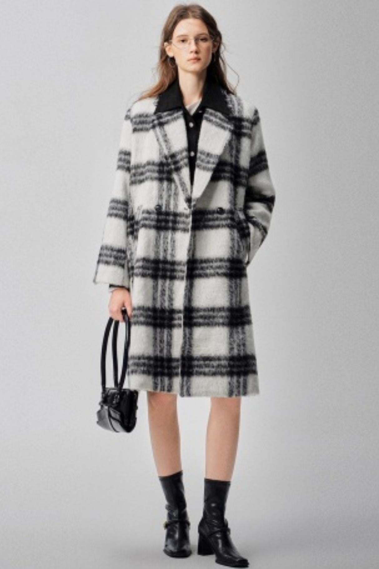 Black & White Plaid High-End Woolen Coat