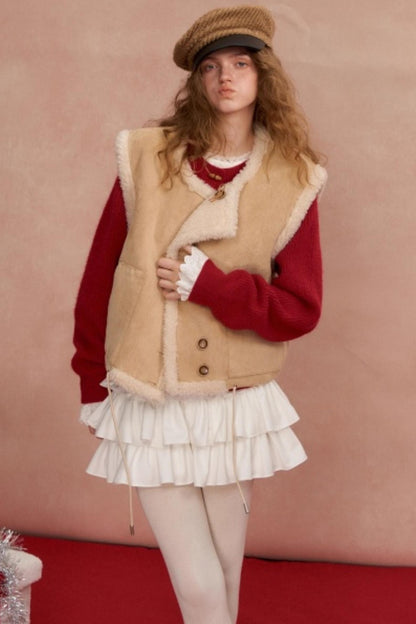 Buttoned Lamb Wool Reversible Vest