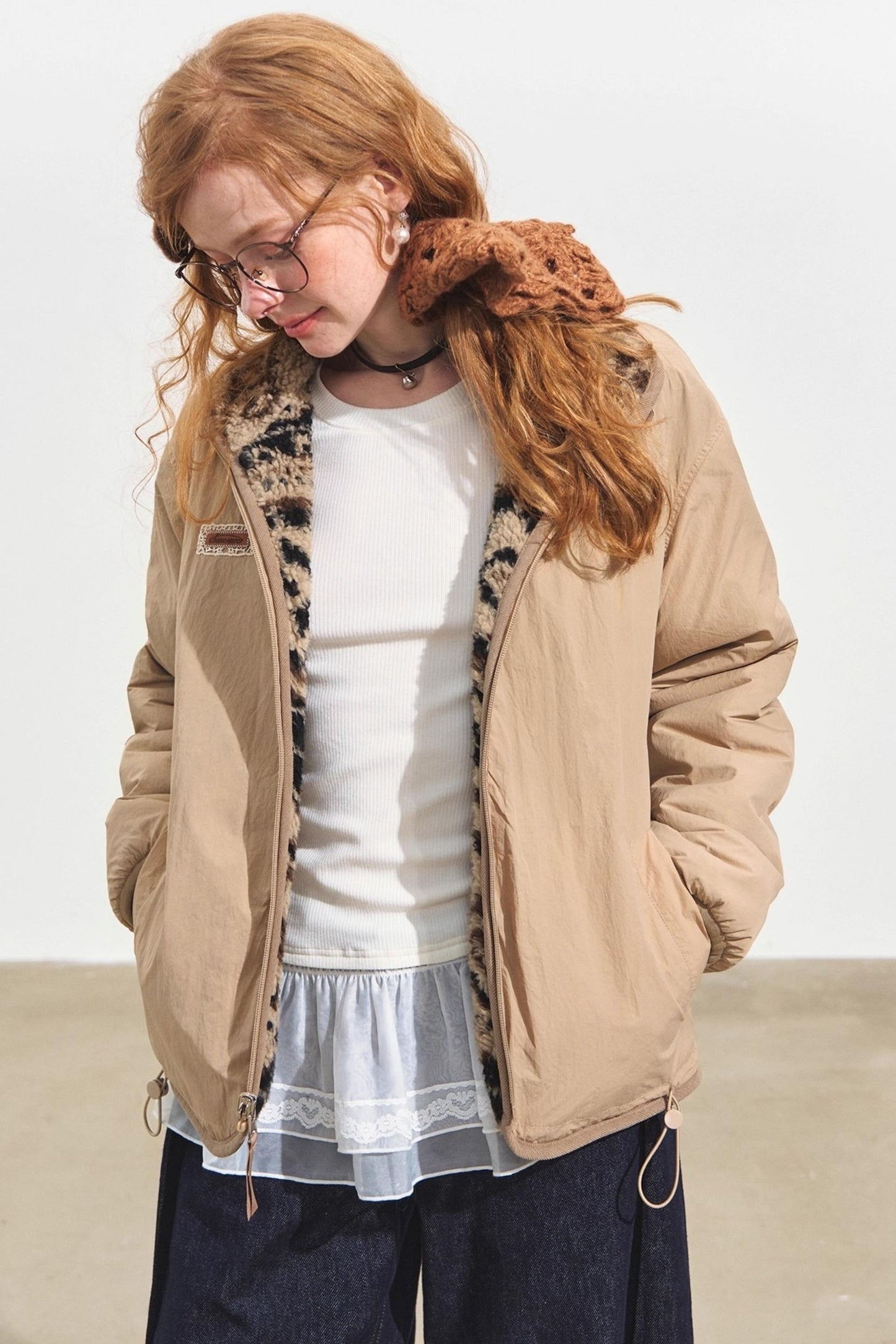 Fleece Jacquard Stand-Up Collar Coat