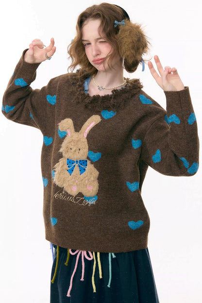 Plush Collar Rabbit Sweater