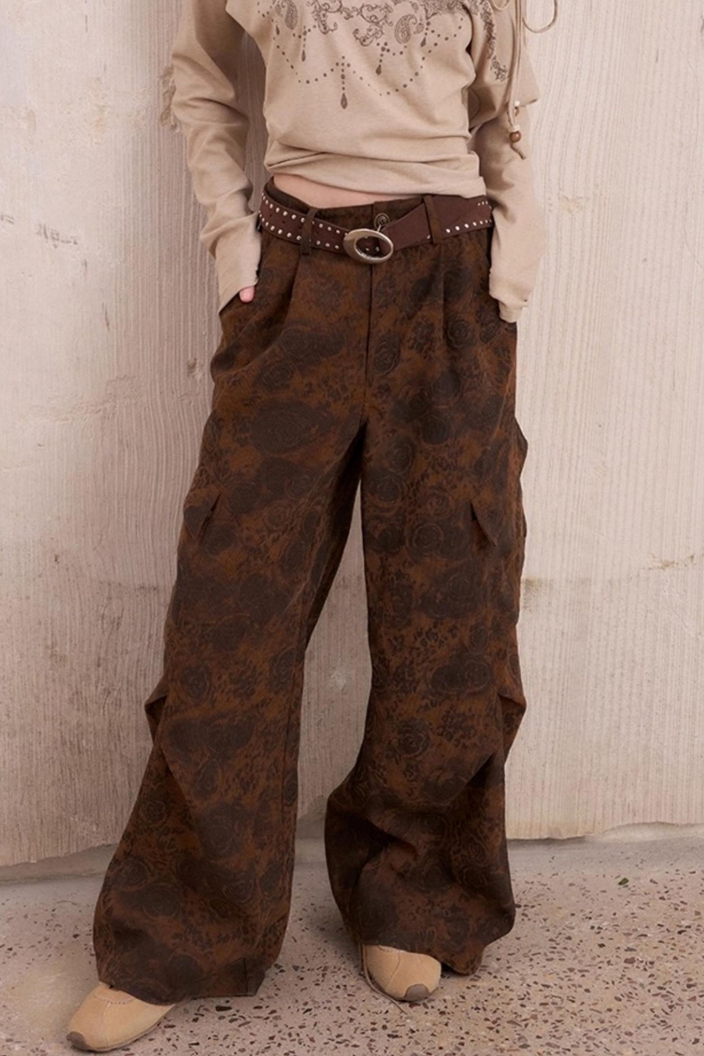 Vintage Print Loose Cargo Pants