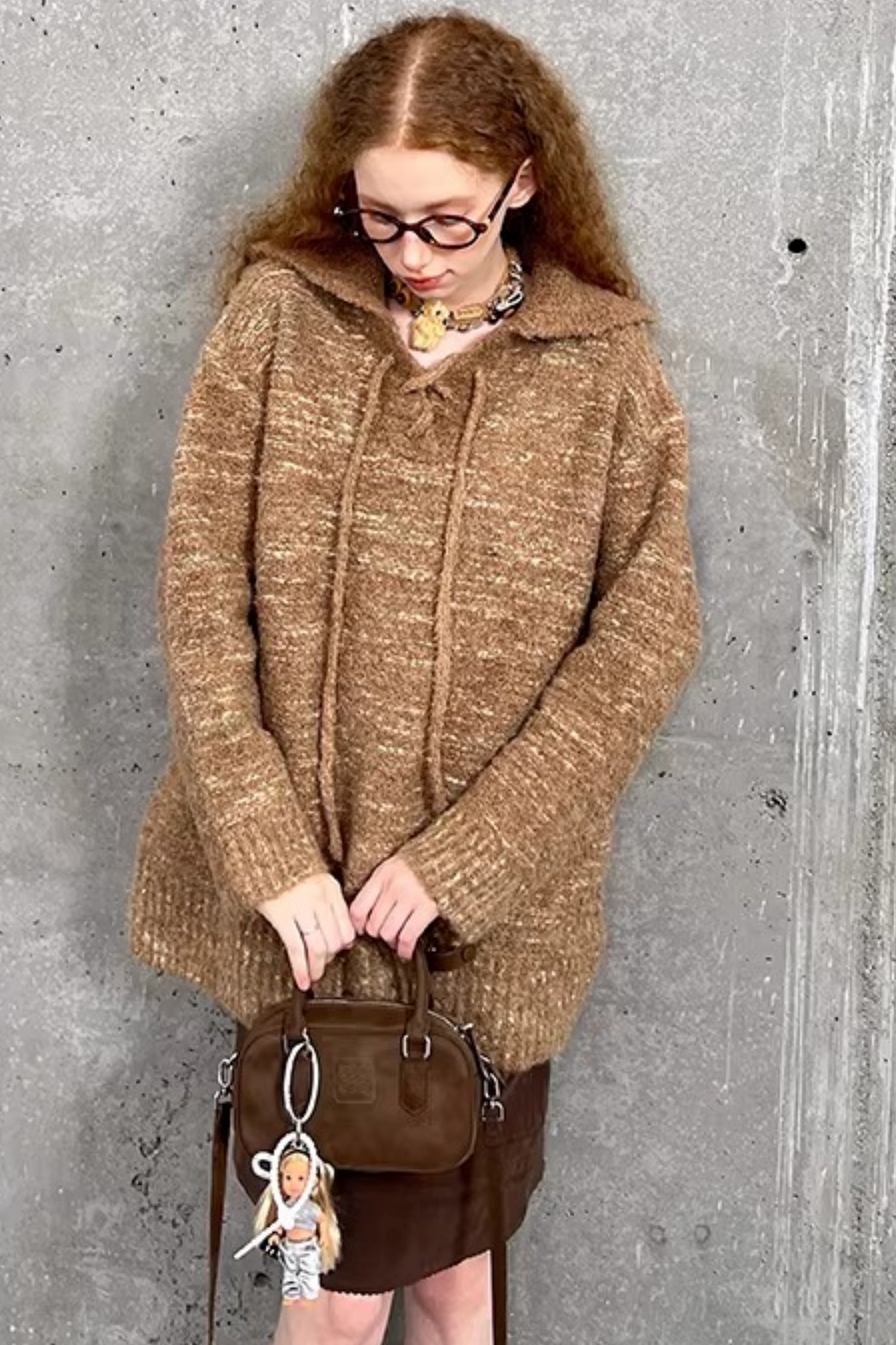 Lace-Up Turn-Down Collar Sweater Matching Set