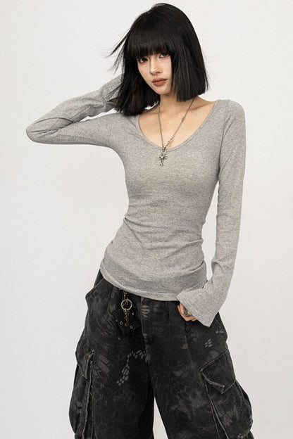 Autumn V-Neck Slim Black Top