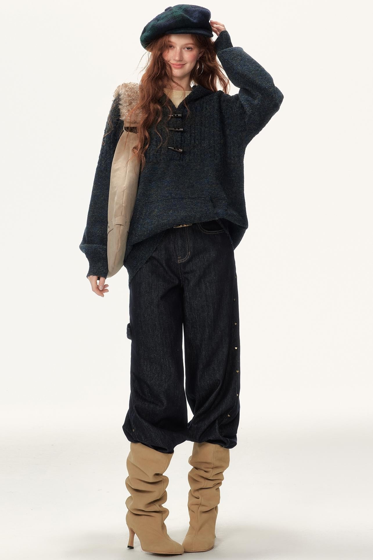 Solid Color Horn Button Pullover Top