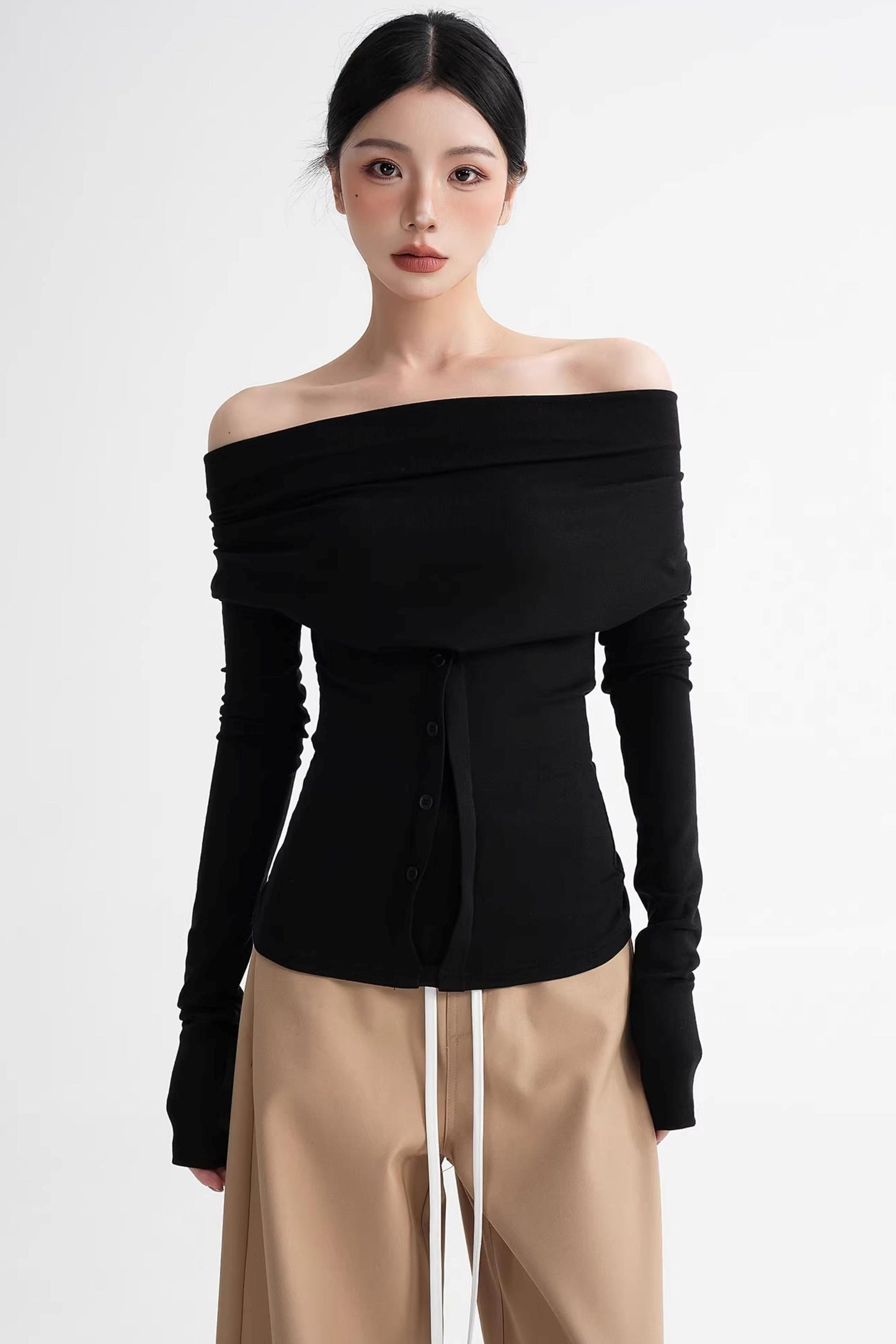 Wool Lyocell Off-Shoulder Top
