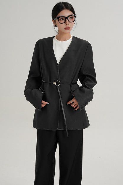 High-End Belted Long Sleeve Blazer