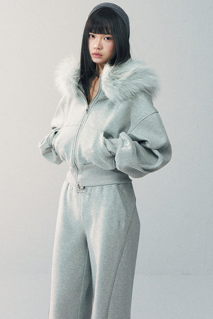 탈부착 가능한 모피 칼라 스웨트셔츠 재킷 세트