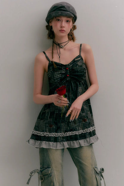 Retro Plaid Lace Strap Top