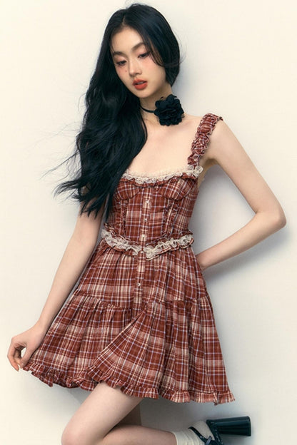 Pink Plaid Ruffle Lace Cami Dress