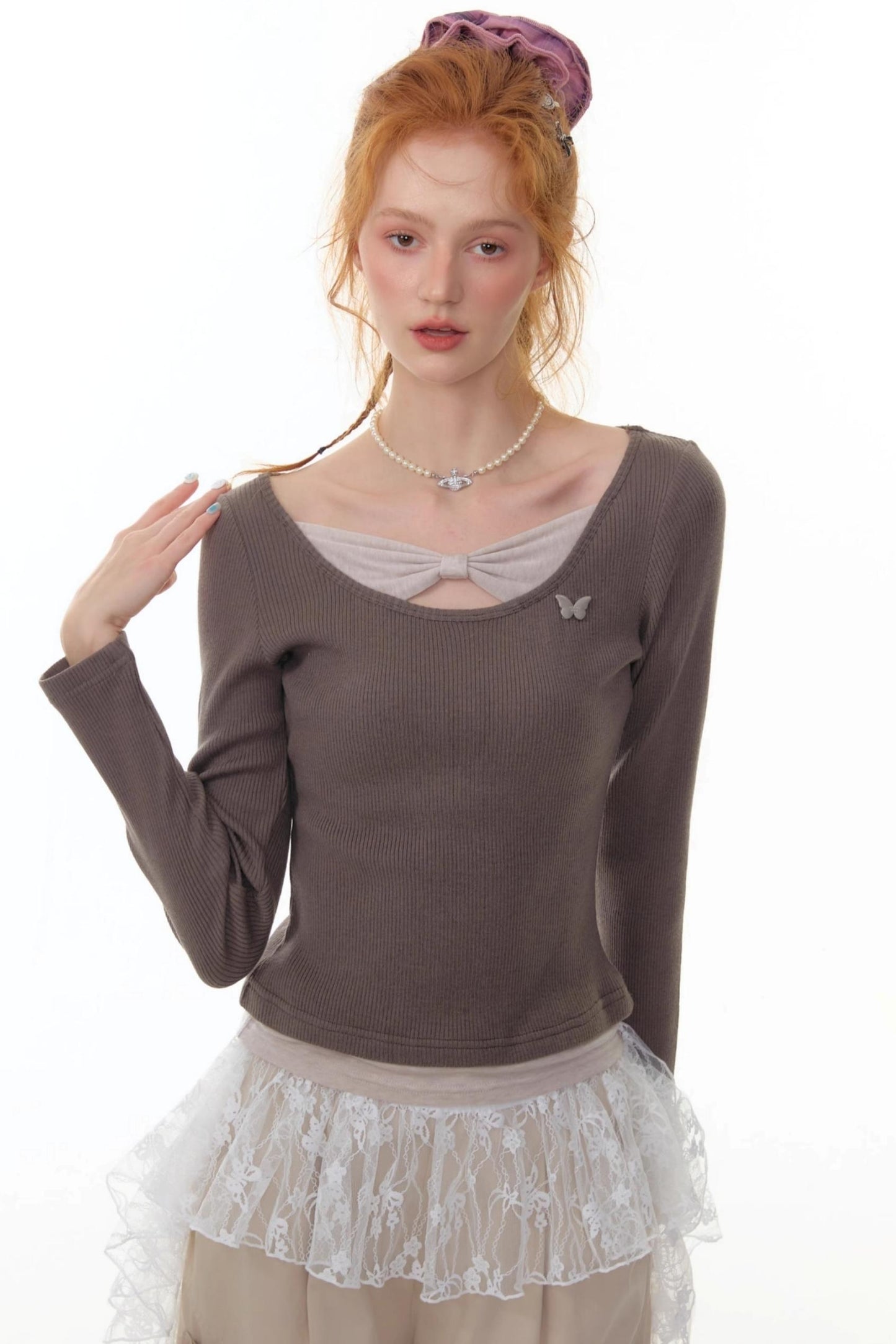 Fake Two Bow Long sleeve T-shirt