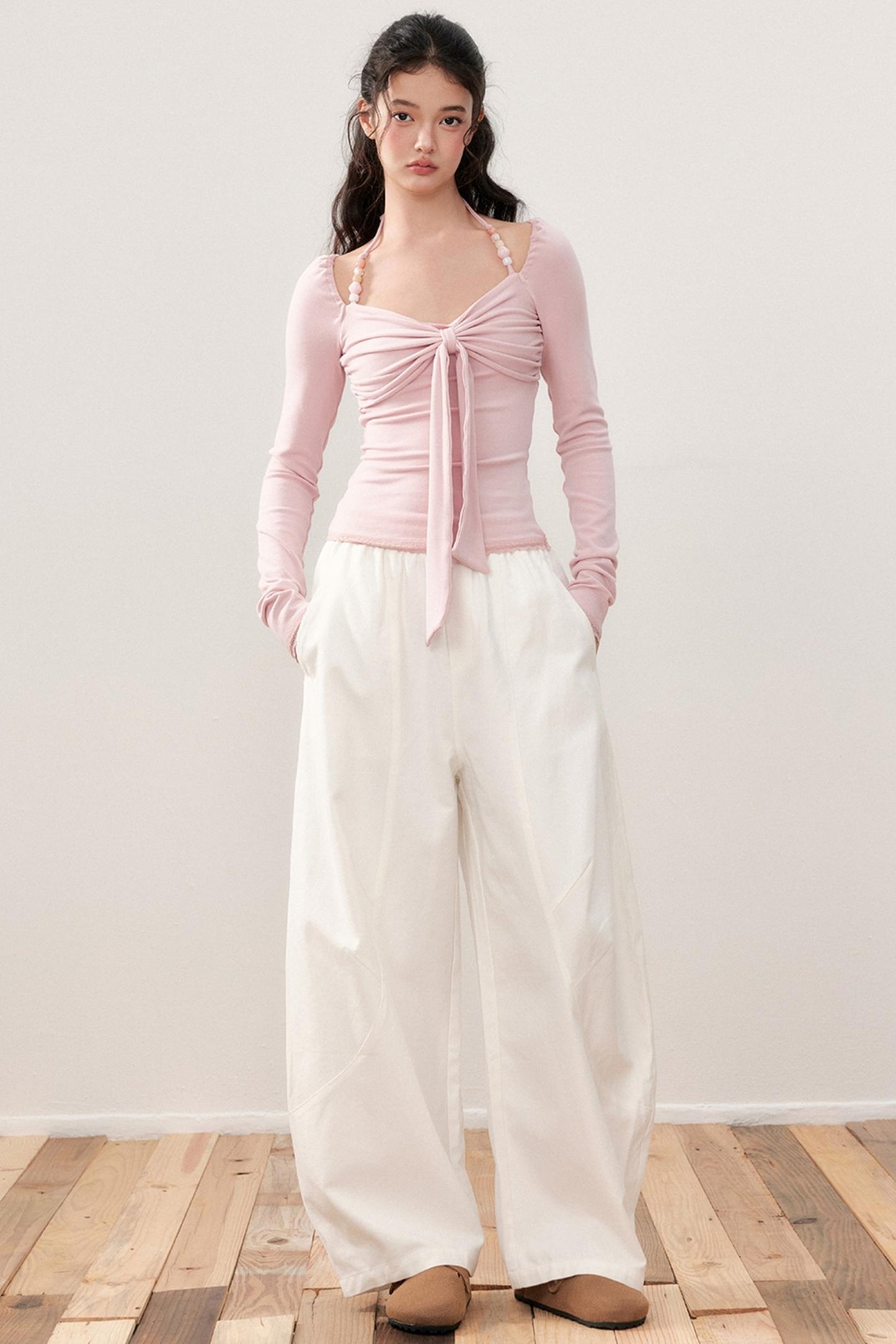 Pleated Bow Beaded Halterneck Top