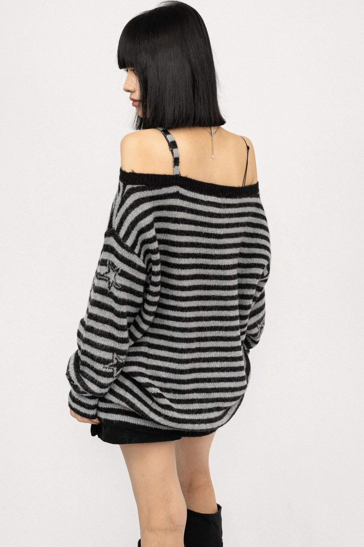 Striped One-Shoulder Knitted Sweater