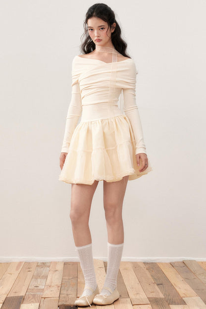 Cross-Line Shoulder Puffy Patchwork Dress