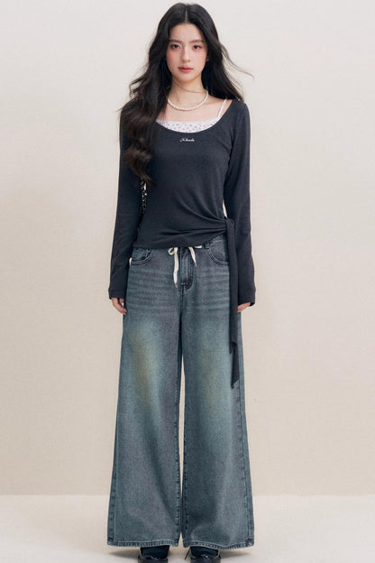 Lazy Contrast Drawstring Wide Leg Jeans